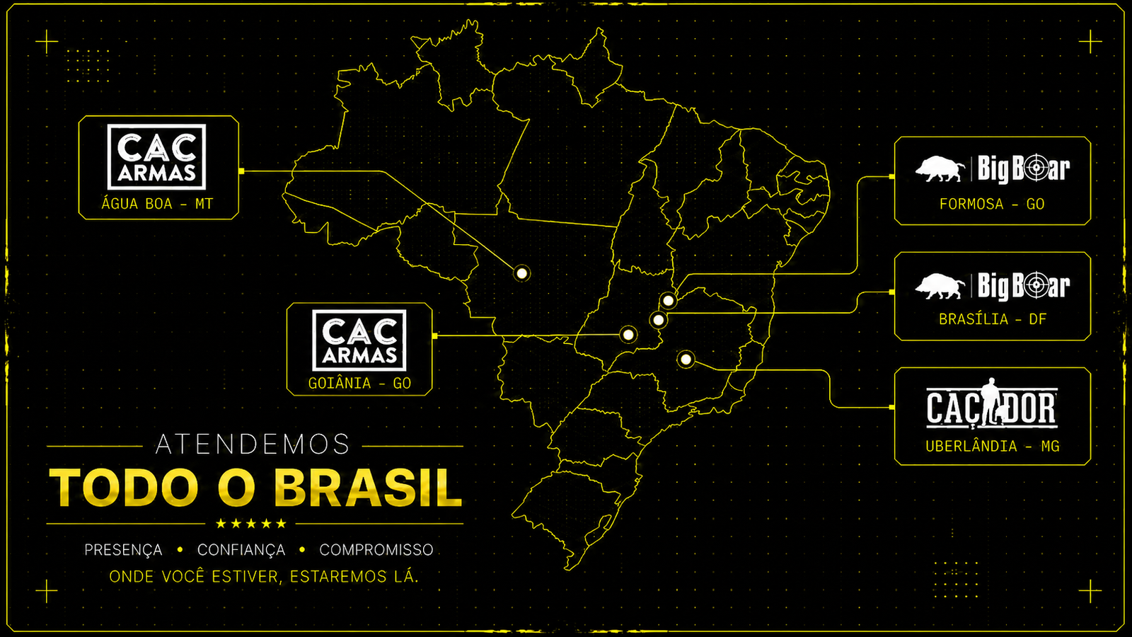 Mapa do Brasil com os pontos parceiros em Água Boa, Goiânia, Formosa, Distrito Federal e Uberlândia